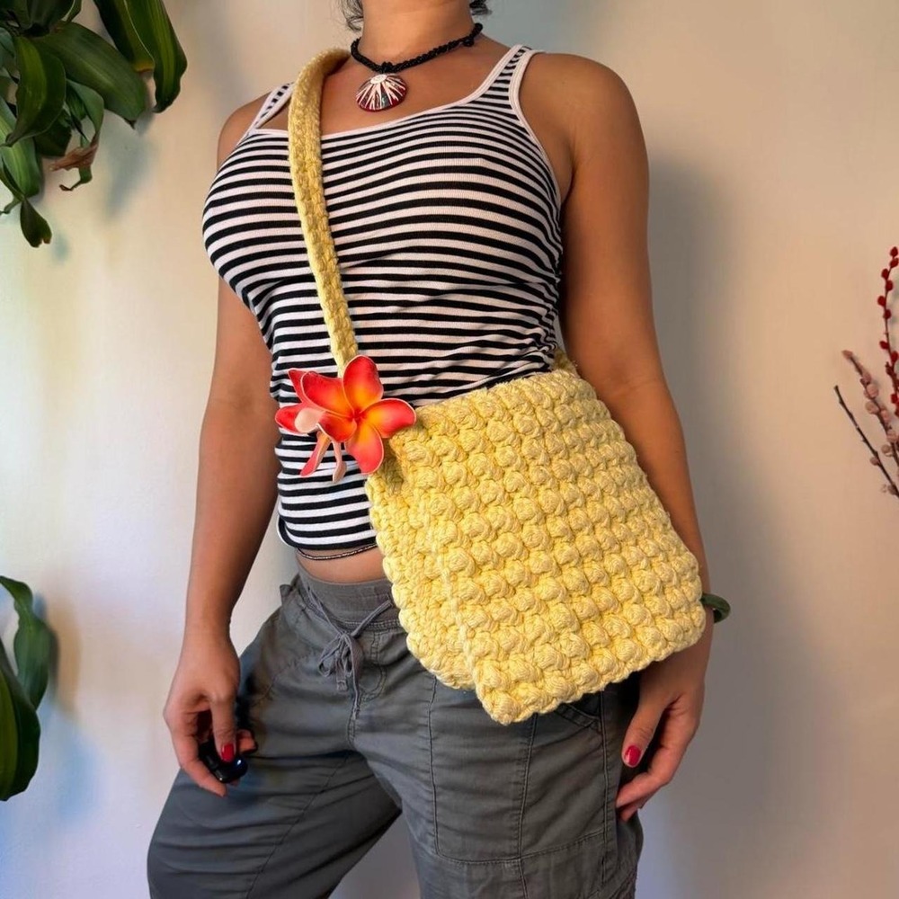 Handmade Crochet Crossbody Messenger Bag Butter Yellow Boho Summer Festival
